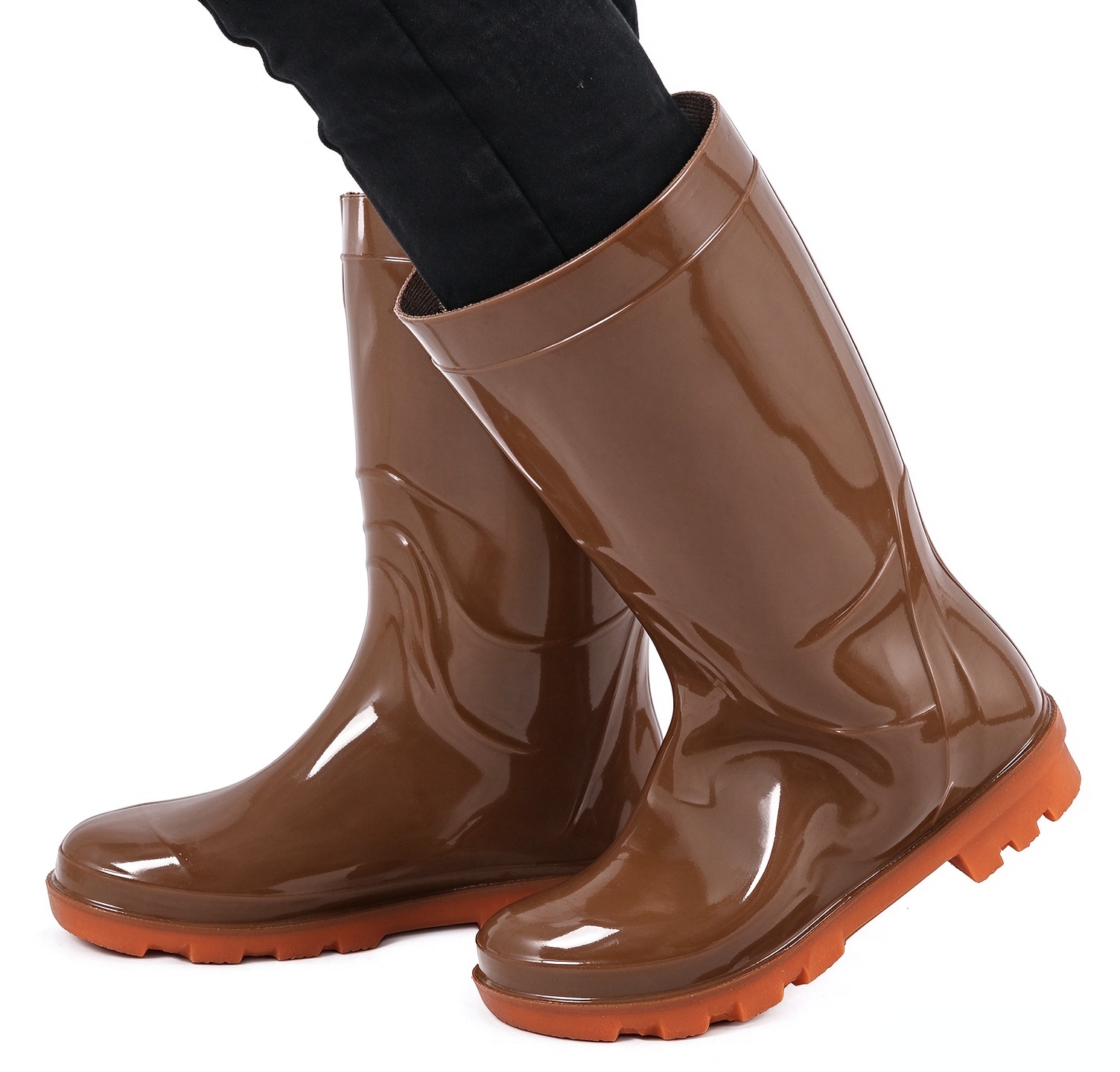 shiny-brown-waterproof-breathable-pvc-garden-boots-heavy‑duty-orange-sole